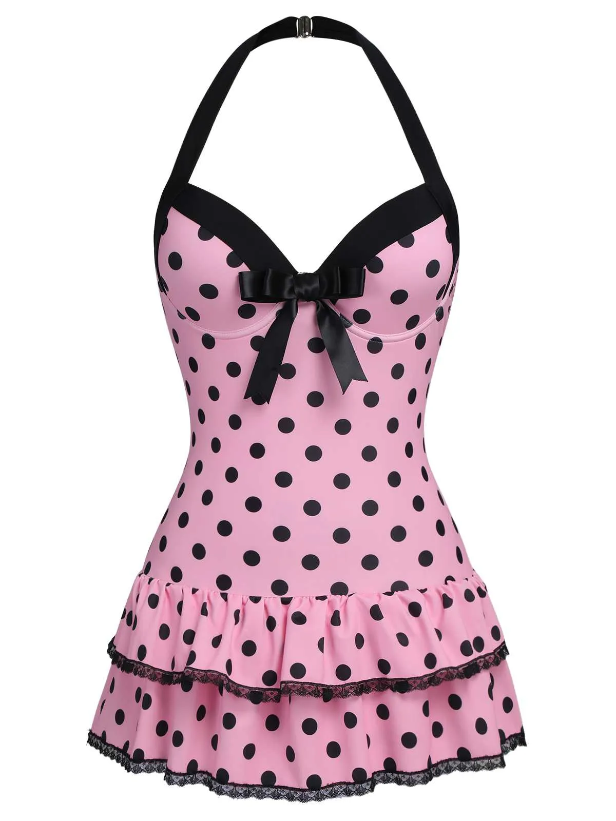 Pink 1940s Halter Polka Dots Bow One-Piece Swimsuit sold by Retro Stage product image thumbnail 5