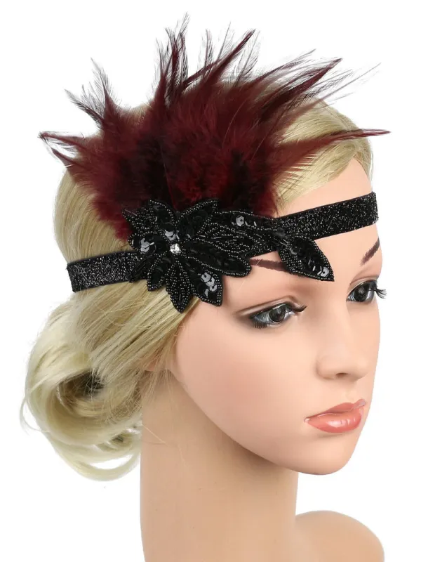 [US Warehouse] 1920s Feather Sequins Rhinestone Headband sold by Retro Stage
