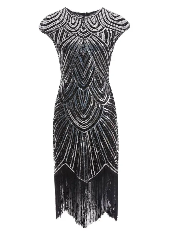 [US Warehouse] Silver 1920s Sequin Beaded Fringed Dress sold by Retro Stage