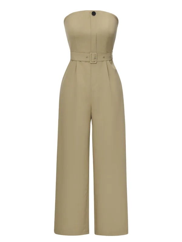 Camel 1930s Solid Strapless Belt Jumpsuit sold by Retro Stage