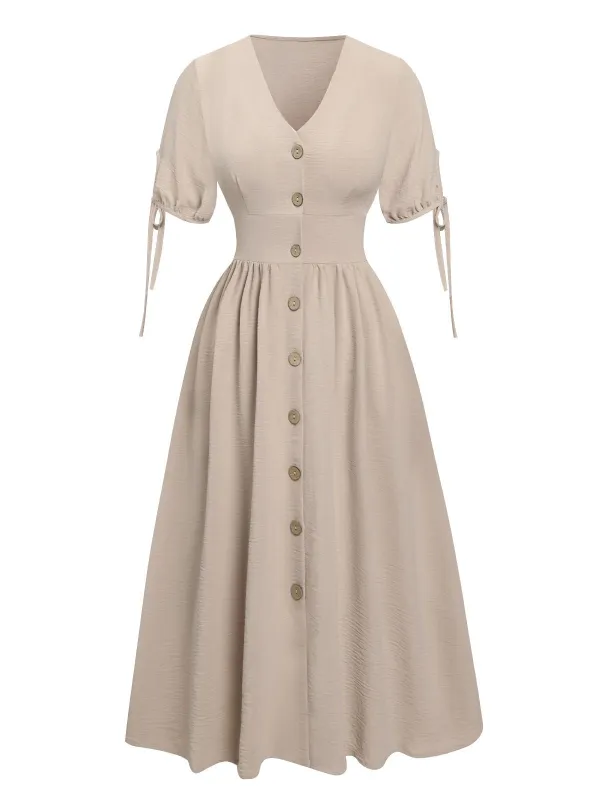 Beige 1940s Solid V-Neck Buttons Dress sold by Retro Stage