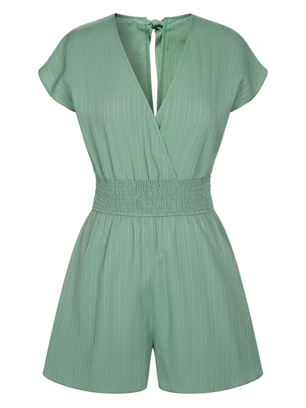 Green 1950s V-Neck Smocked Cap Sleeves Romper sold by Retro Stage