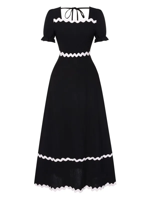 Black 1930s Square Neck Lace-Up Puff Sleeve Dress sold by Retro Stage
