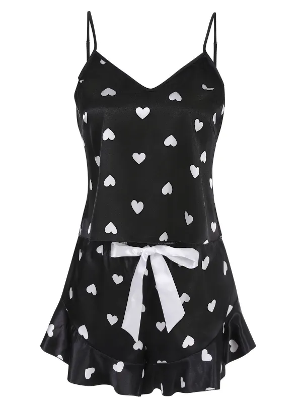 Black 1970s Spaghetti Straps Satin Heart Pajamas sold by Retro Stage