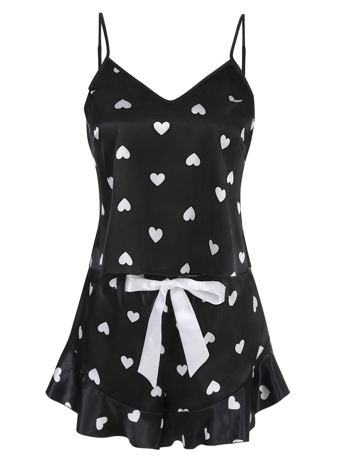 Black 1970s Spaghetti Straps Satin Heart Pajamas sold by Retro Stage