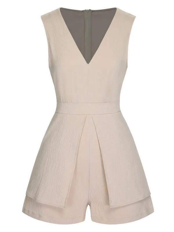 Beige 1950s Solid V-Neck Sleeveless Romper sold by Retro Stage