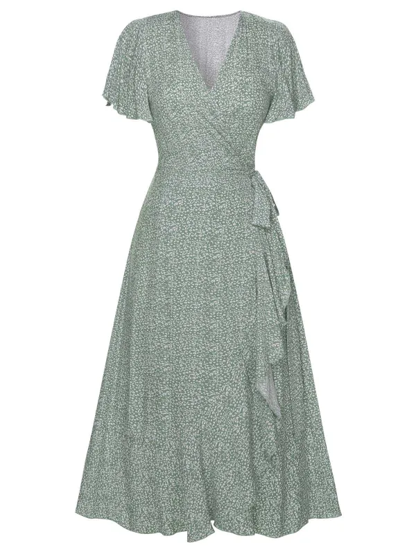 Green 1940s Ditsy Floral Flounce Sleeve Dress sold by Retro Stage