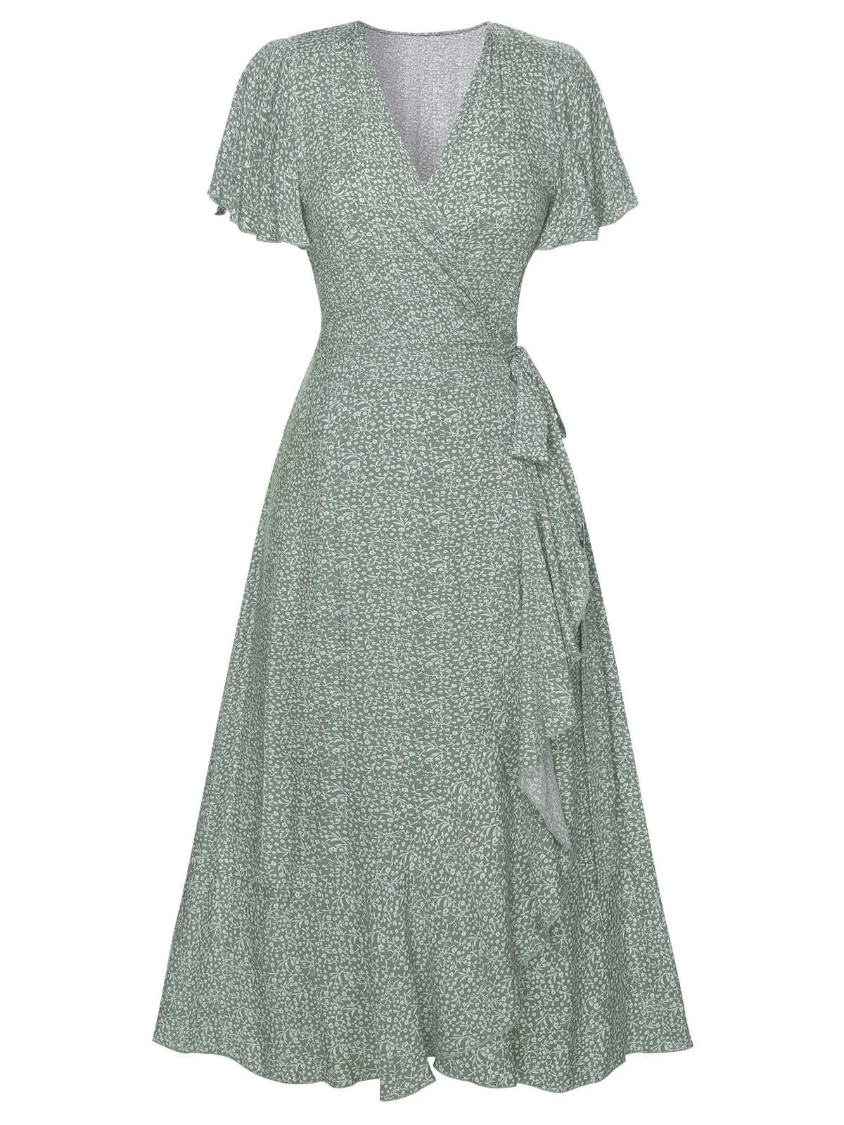 Green 1940s Ditsy Floral Flounce Sleeve Dress sold by Retro Stage