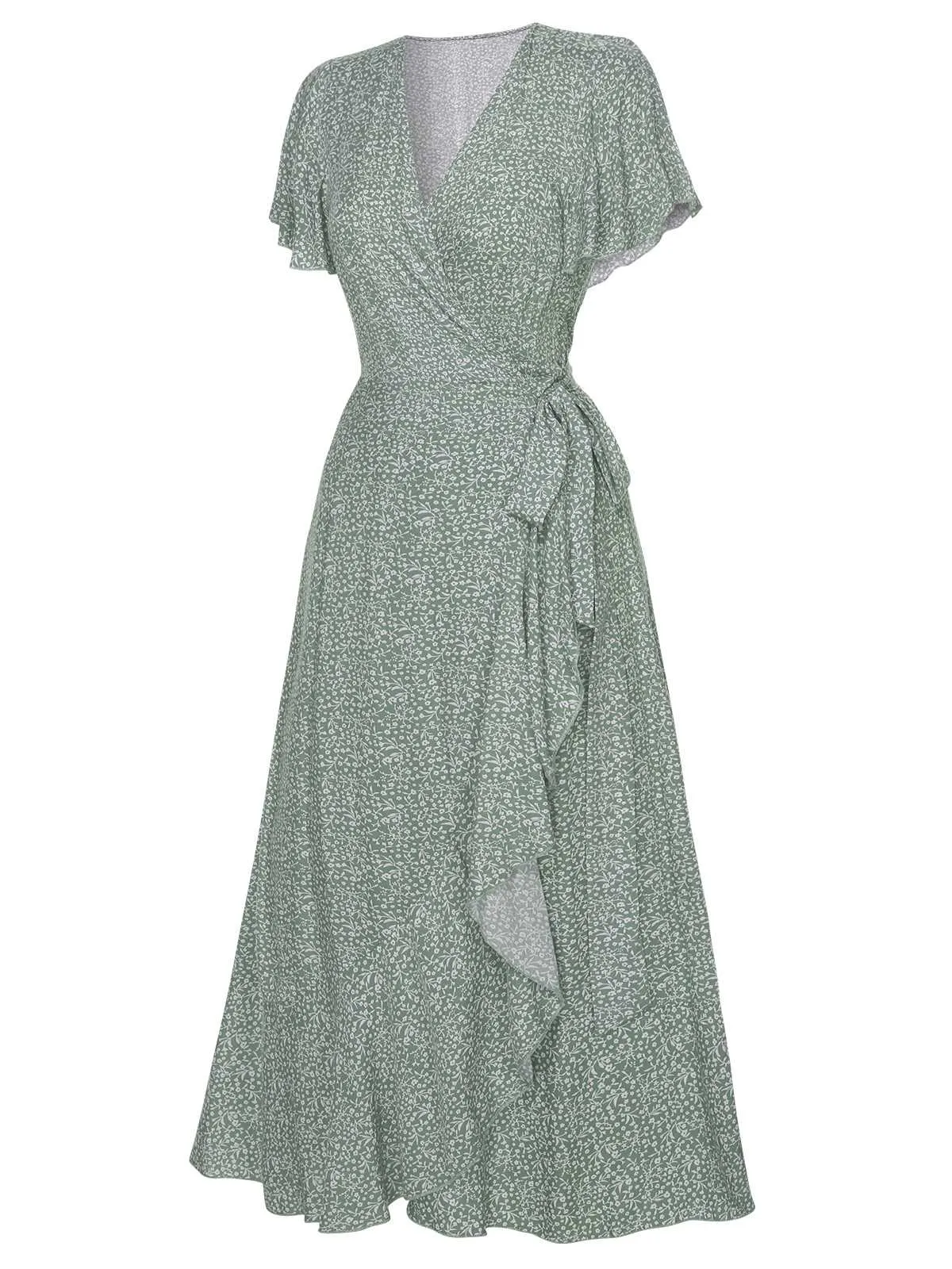 Green 1940s Ditsy Floral Flounce Sleeve Dress sold by Retro Stage product image thumbnail 2