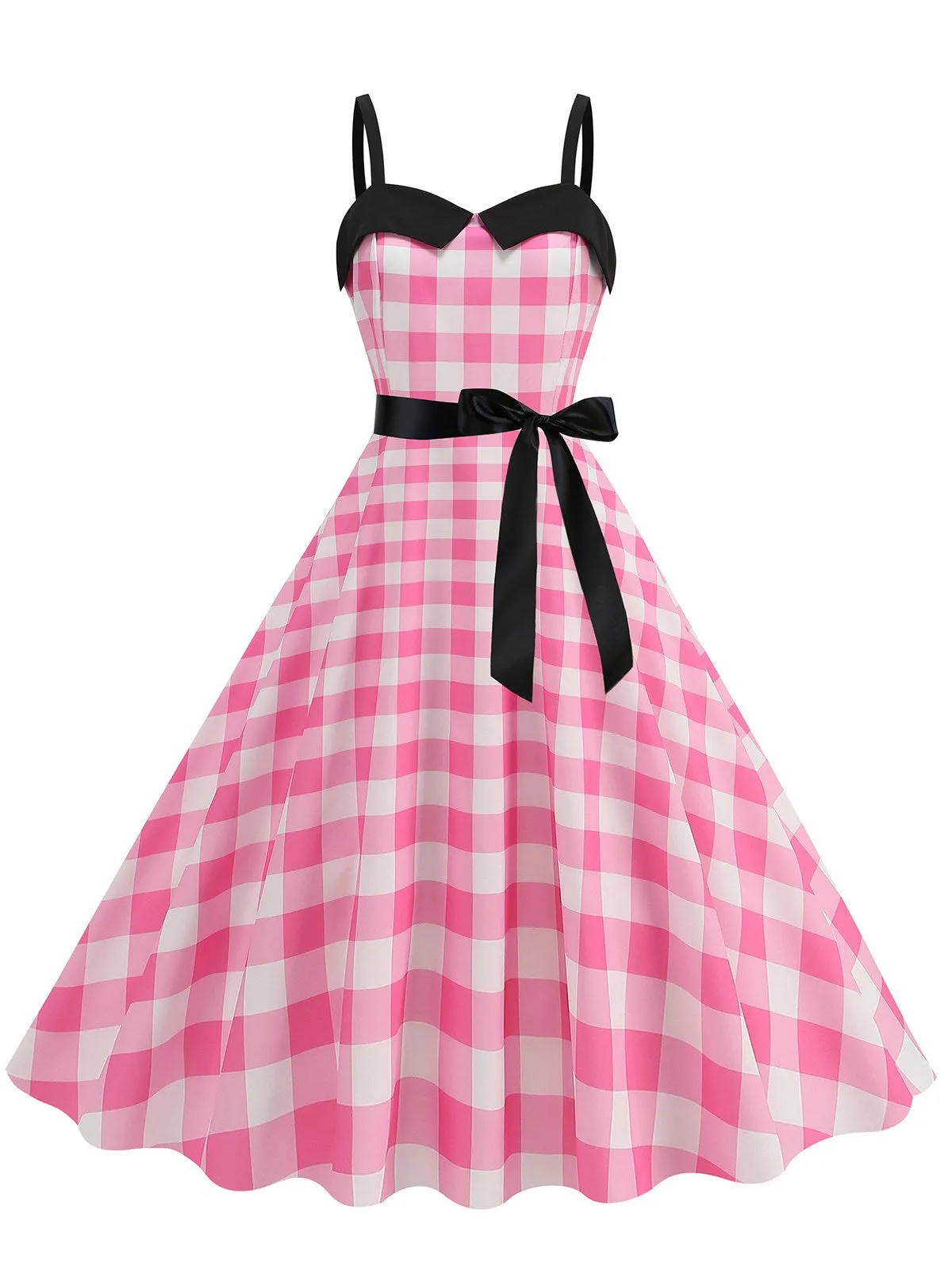 Pink 1950s Plaid Patchwork Spaghetti Straps Dress sold by Retro Stage