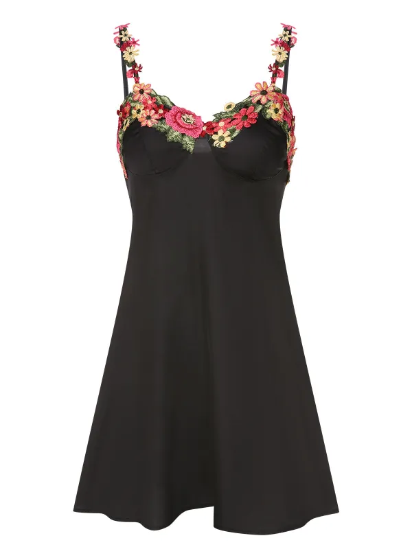 Black 1950s 3D Floral Suspender Sleepwear sold by Retro Stage