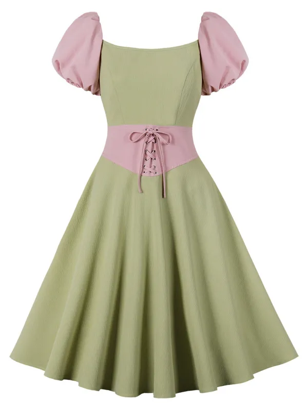 Pale Green 1950s Contrast Puff Sleeves Dress sold by Retro Stage