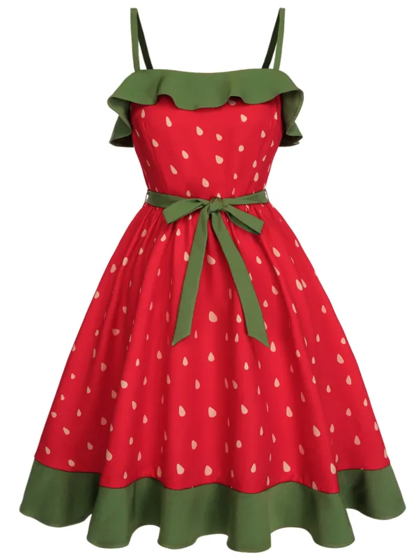 [Plus Size] Red 1950s Strawberry Ruffle Belt Dress sold by Retro Stage