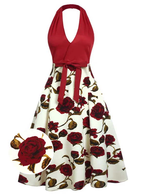 Red 1950s Halter Roses Bow Dress sold by Retro Stage