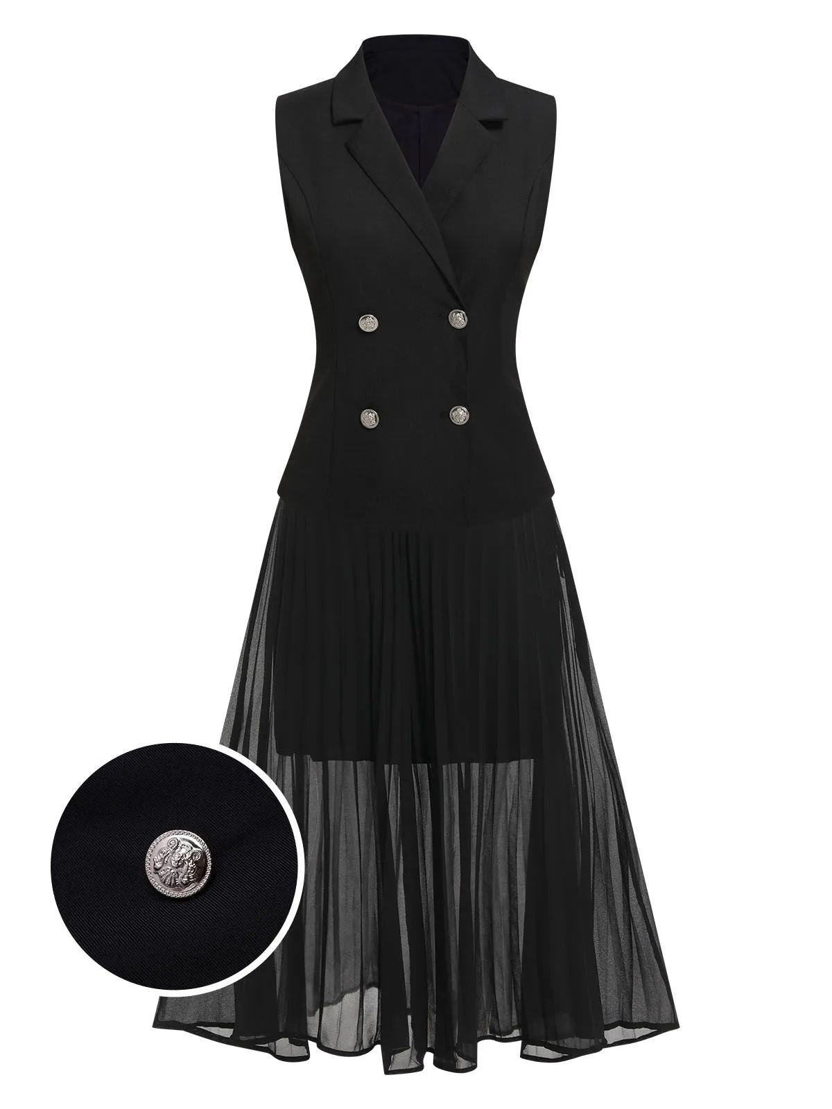 2PCS Black 1960s V-Neck Vest Top & Pleated Skirt sold by Retro Stage
