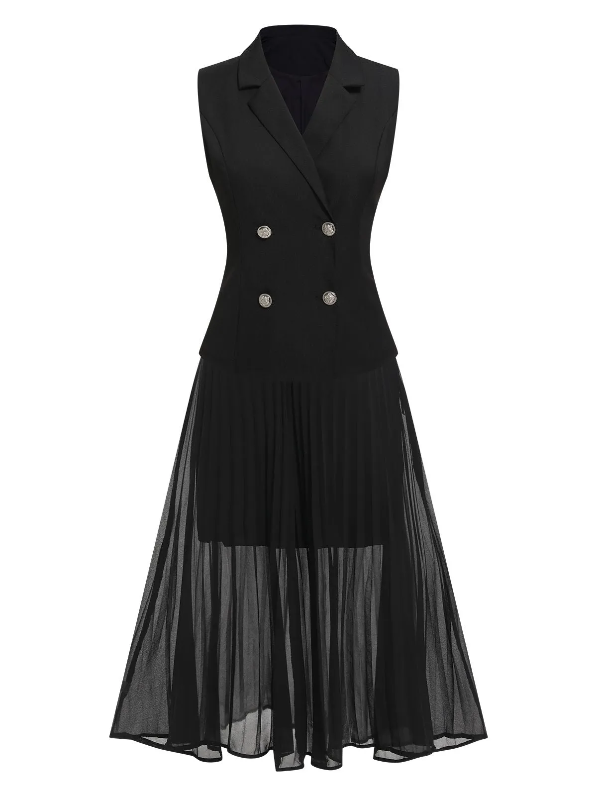 2PCS Black 1960s V-Neck Vest Top & Pleated Skirt sold by Retro Stage product image thumbnail 2