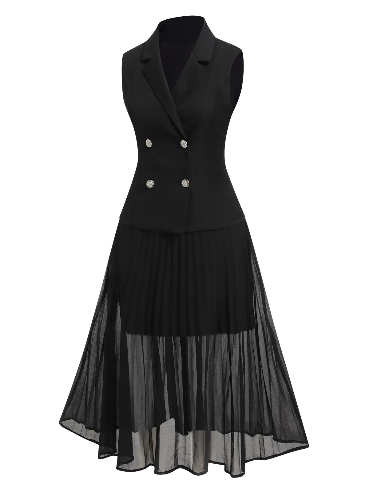 2PCS Black 1960s V-Neck Vest Top & Pleated Skirt sold by Retro Stage product image thumbnail 3