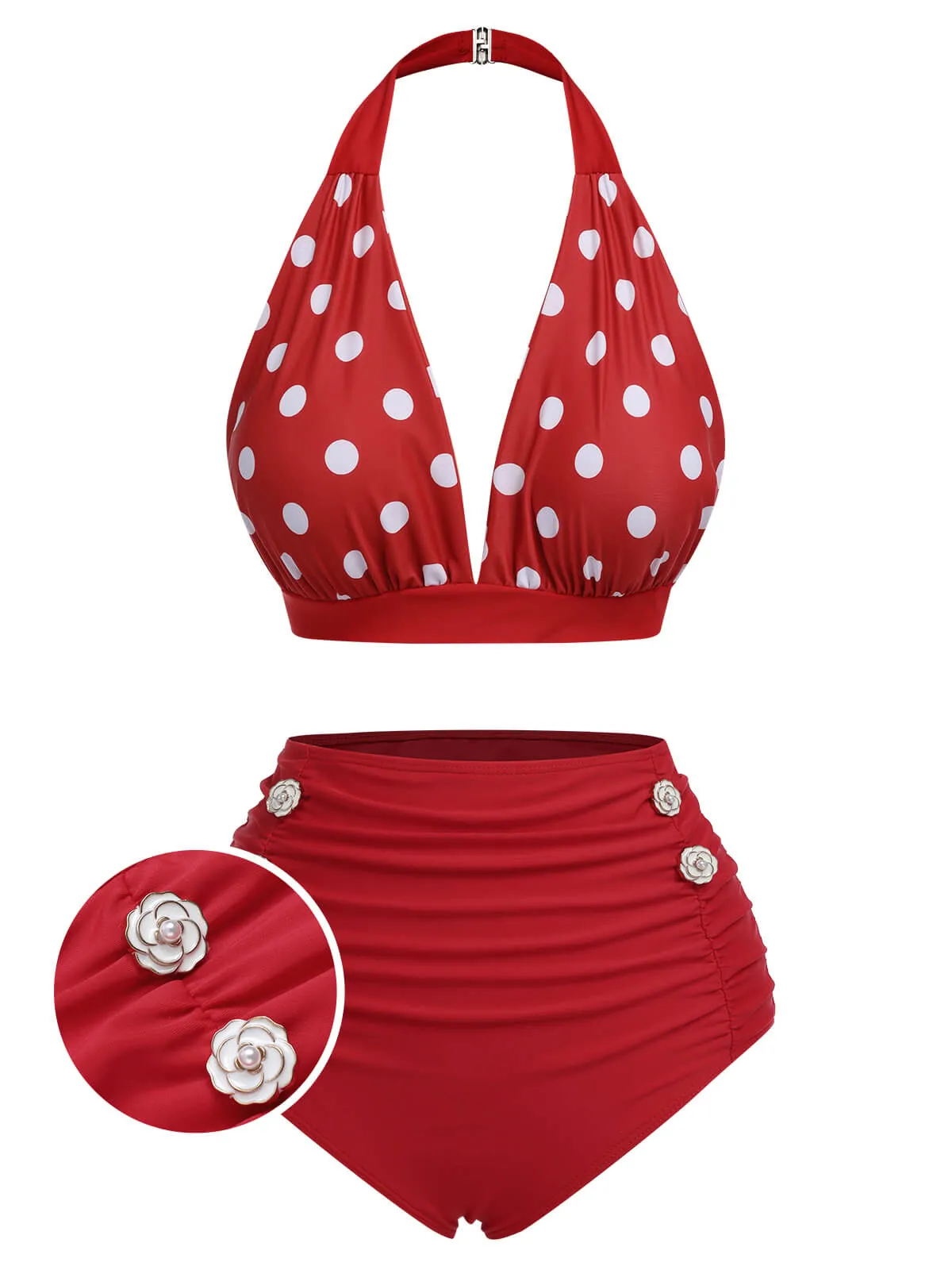 Red 1950s Polka Dot Halter Separate Swimsuit sold by Retro Stage product image thumbnail 2