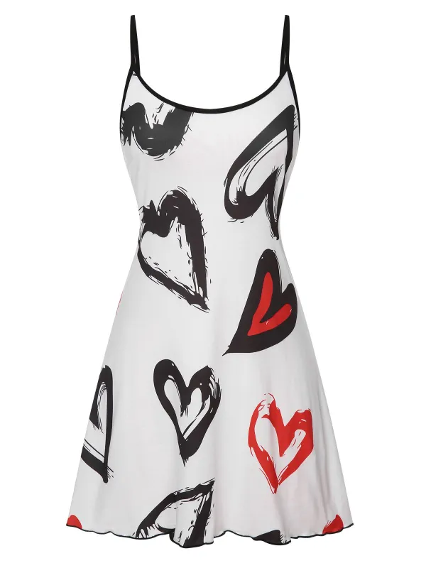 White 1950s Strap Heart Print Sleepwear sold by Retro Stage
