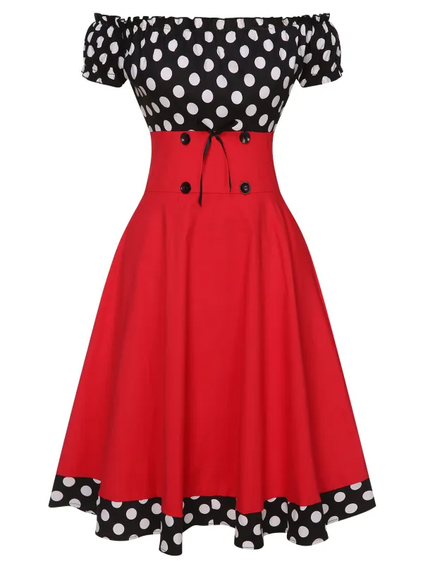 Black & Red 1950s Polka Dots Off Shoulder Dress sold by Retro Stage