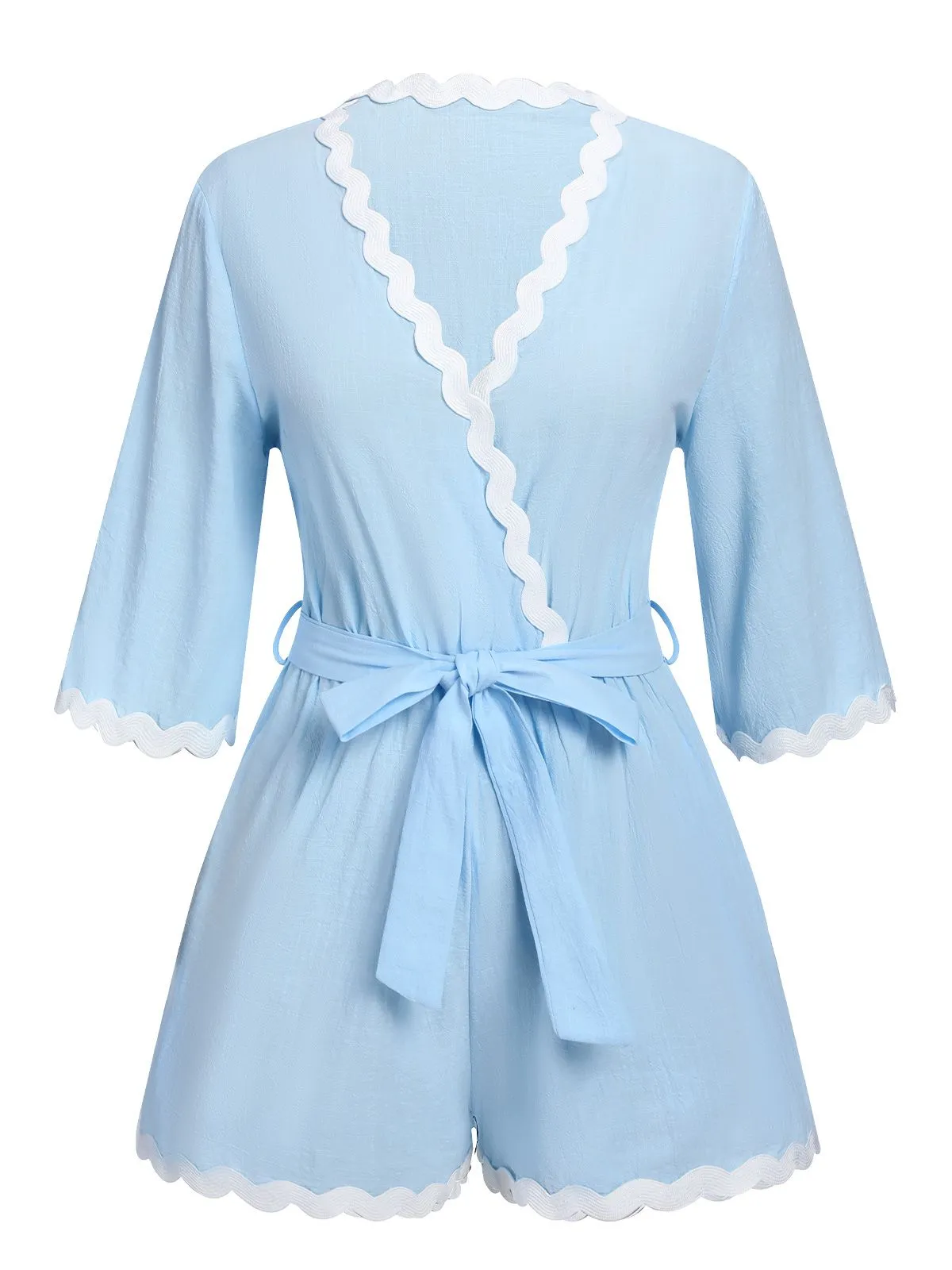 Blue 1950s V-Neck Solid Belted Romper sold by Retro Stage