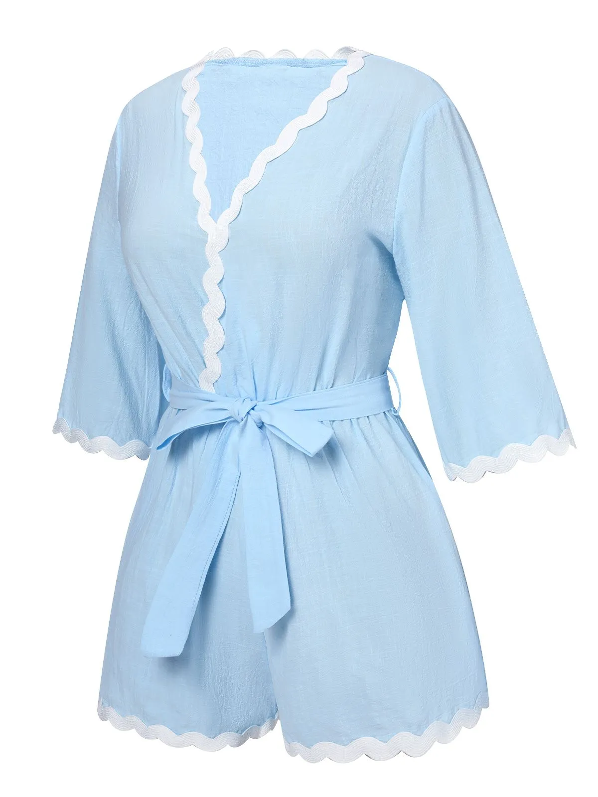 Blue 1950s V-Neck Solid Belted Romper sold by Retro Stage product image thumbnail 2