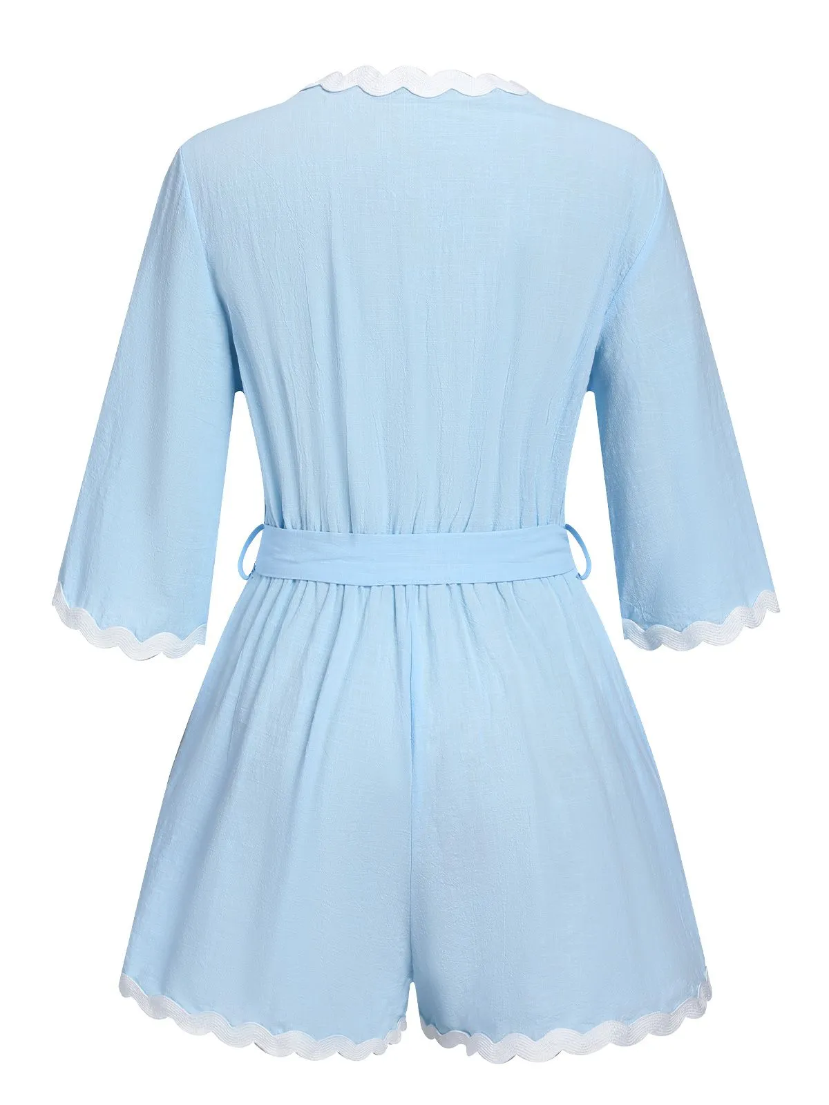 Blue 1950s V-Neck Solid Belted Romper sold by Retro Stage product image thumbnail 3