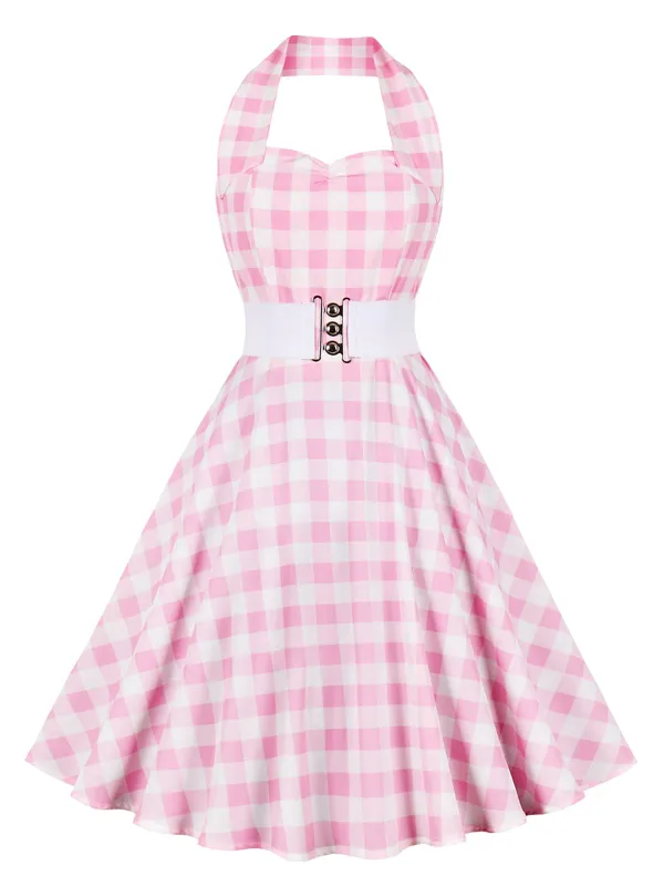 Light Pink 1950s Halter Plaids Belted Dress sold by Retro Stage