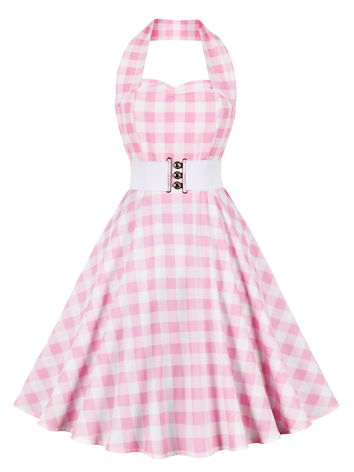 Light Pink 1950s Halter Plaids Belted Dress sold by Retro Stage