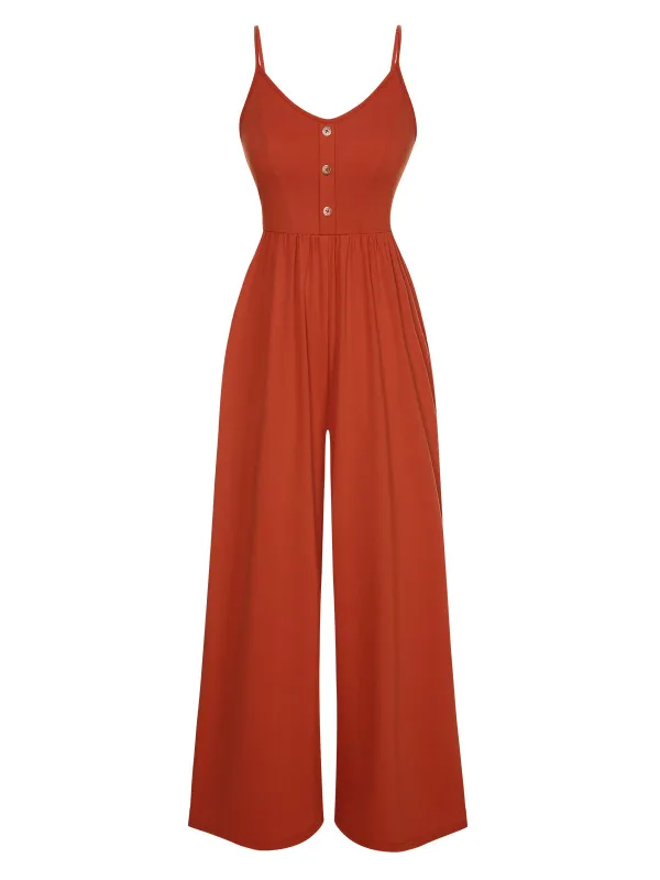 Orange 1950s Solid Button Suspender Jumpsuit sold by Retro Stage