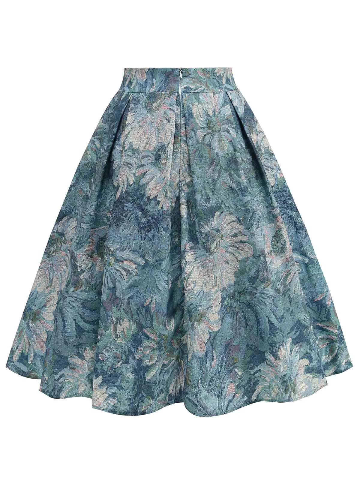 Retro Blue 1950s Lotus Painting Bow Skirt sold by Retro Stage product image thumbnail 3