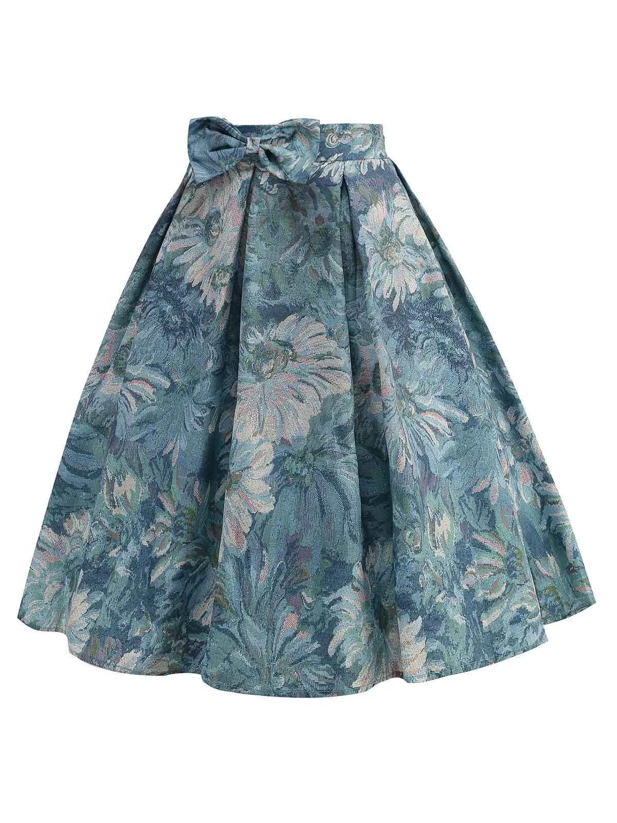 Retro Blue 1950s Lotus Painting Bow Skirt sold by Retro Stage product image thumbnail 2
