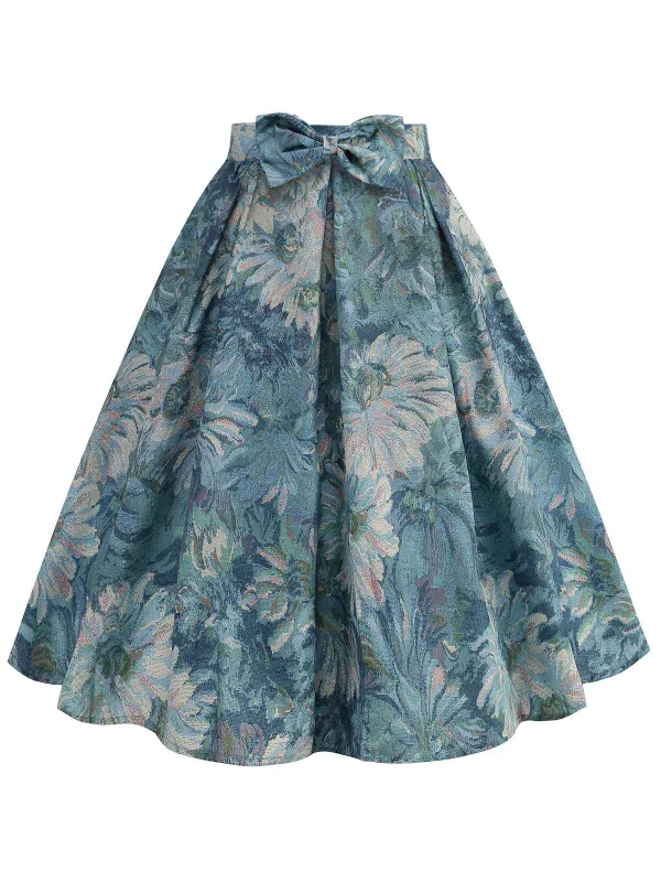 Retro Blue 1950s Lotus Painting Bow Skirt sold by Retro Stage