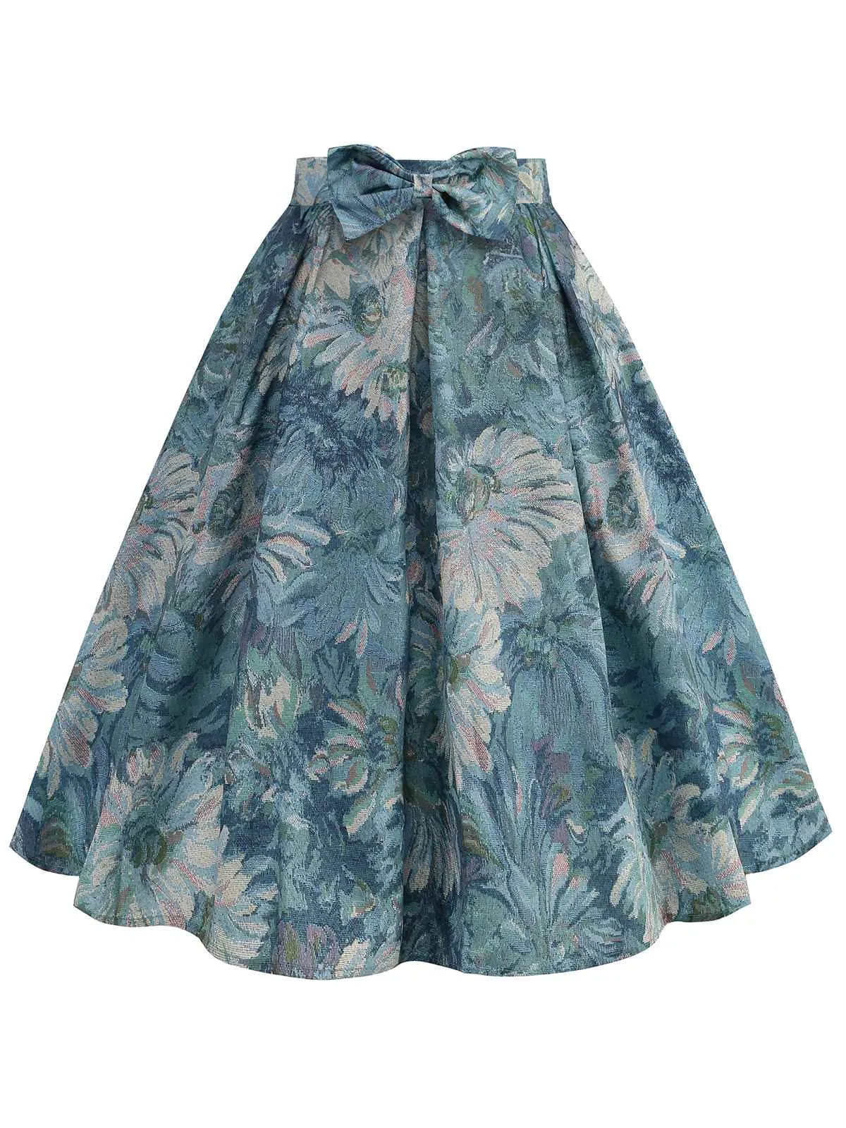 Retro Blue 1950s Lotus Painting Bow Skirt sold by Retro Stage