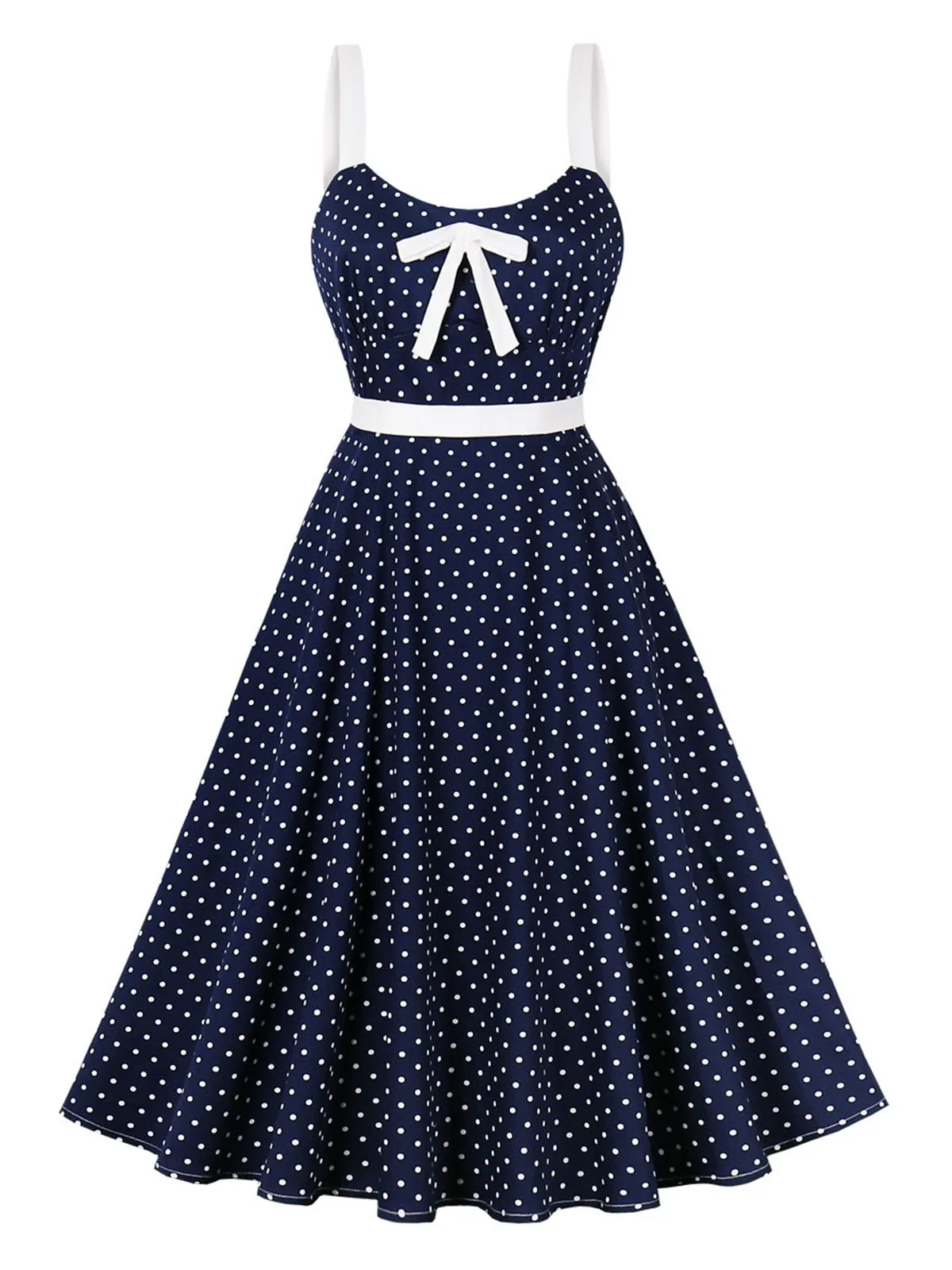 Blue 1940s Strap Polka Dot Bow Belted Dress sold by Retro Stage