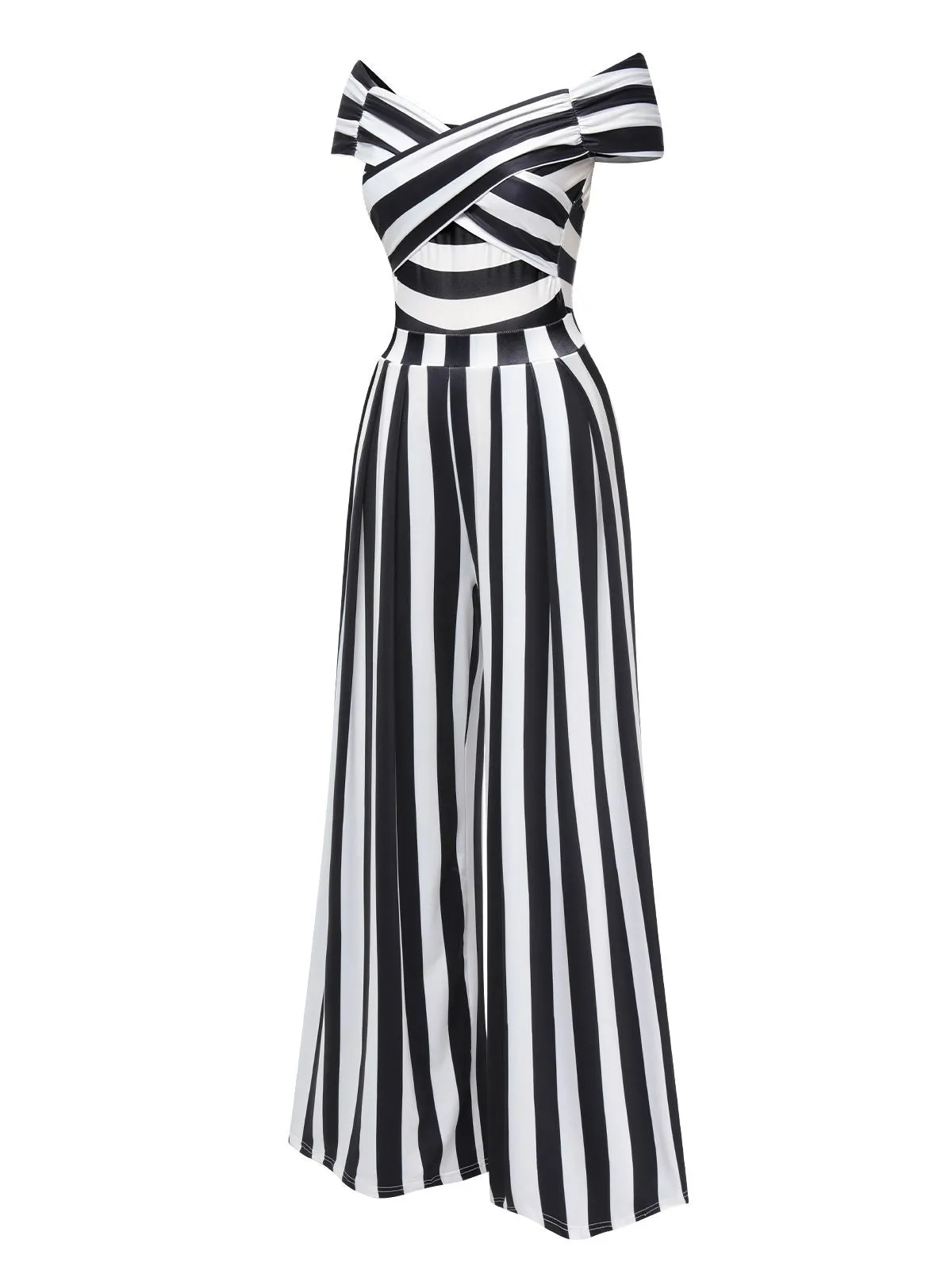 Black 1960s Off-Shoulder Stripes Jumpsuit sold by Retro Stage product image thumbnail 4