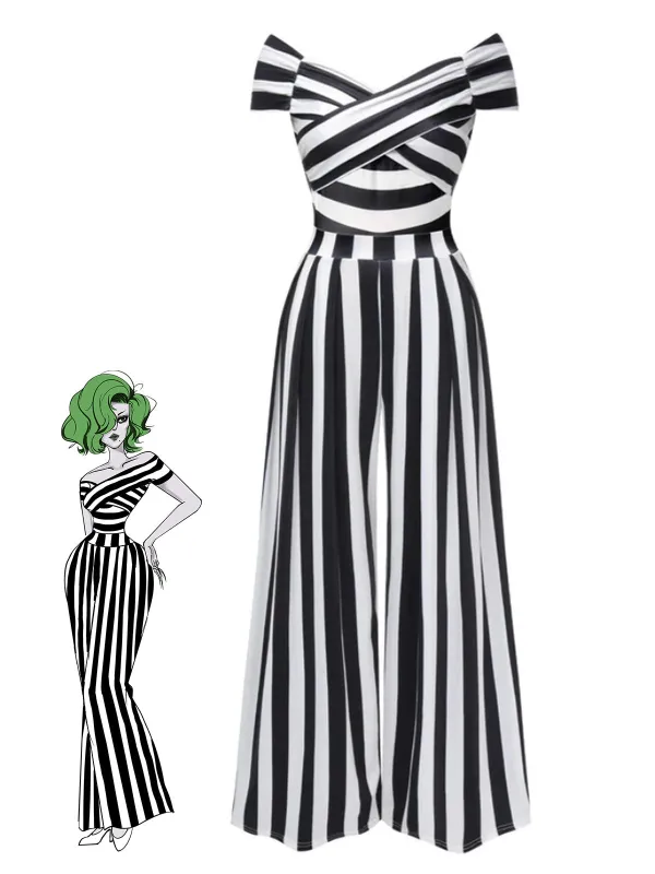 Black 1960s Off-Shoulder Stripes Jumpsuit sold by Retro Stage
