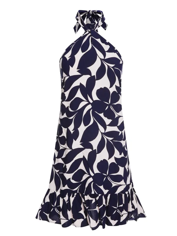 Dark Blue 1940s Backless Halter Floral Dress sold by Retro Stage