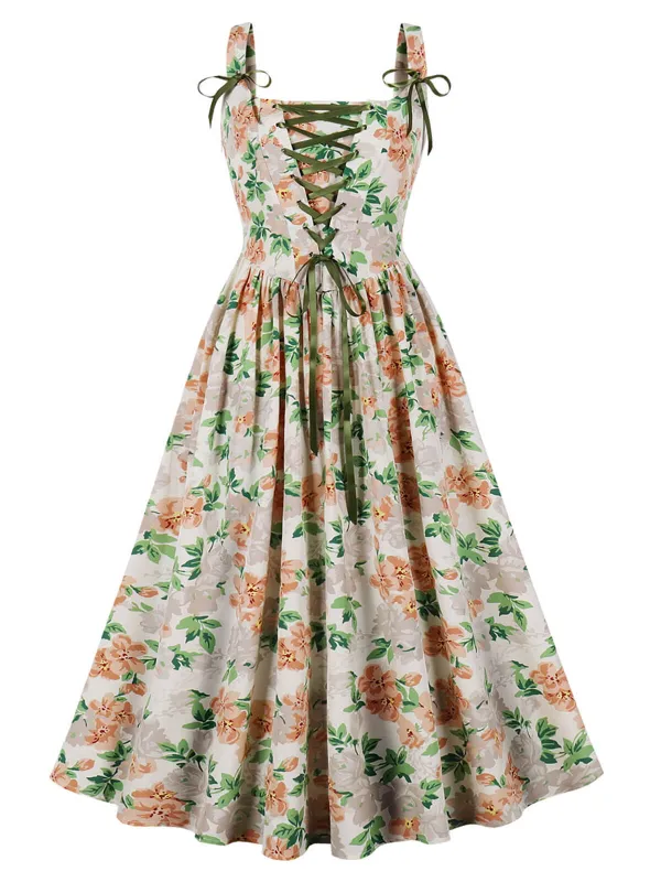 Multicolor 1950s Lace-Up Floral Dress sold by Retro Stage