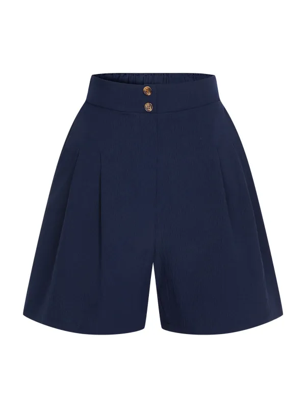 Dark Blue 1940s Solid Pleated Shorts sold by Retro Stage