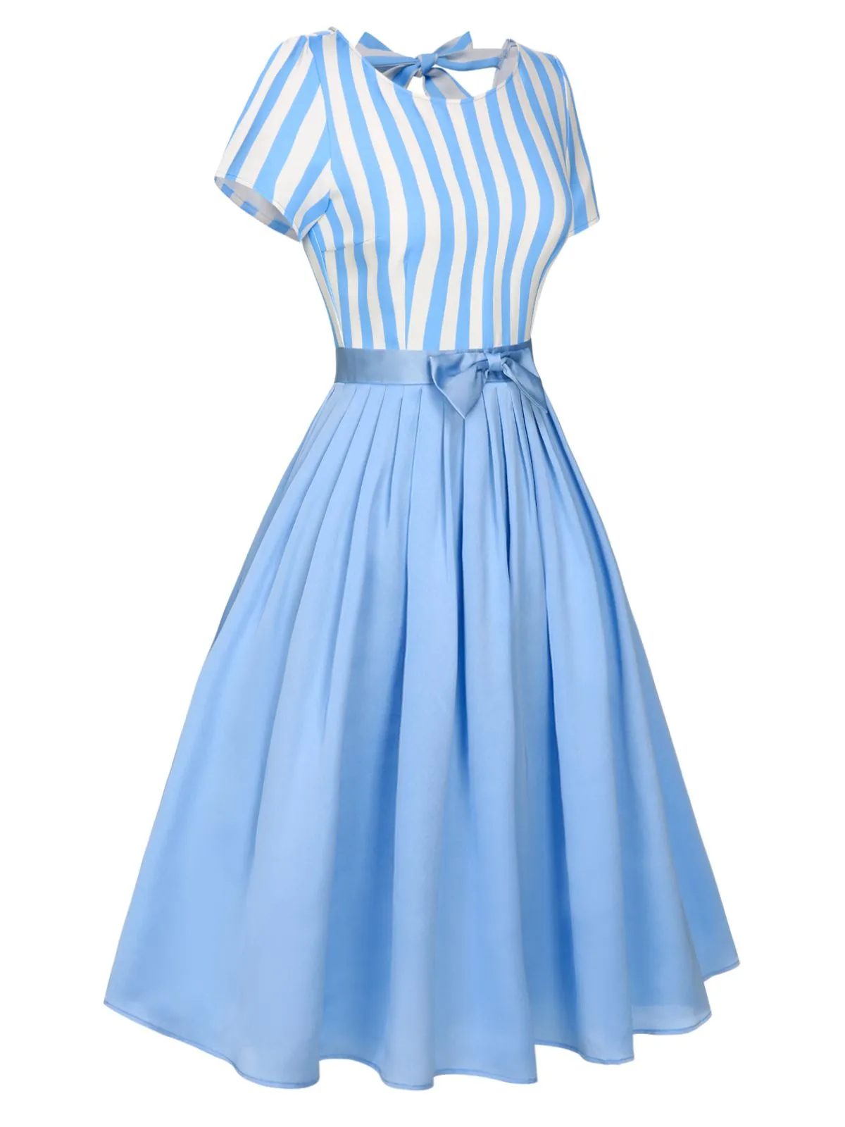 Blue 1940s Boat Neck Stripes Bow Dress sold by Retro Stage product image thumbnail 3