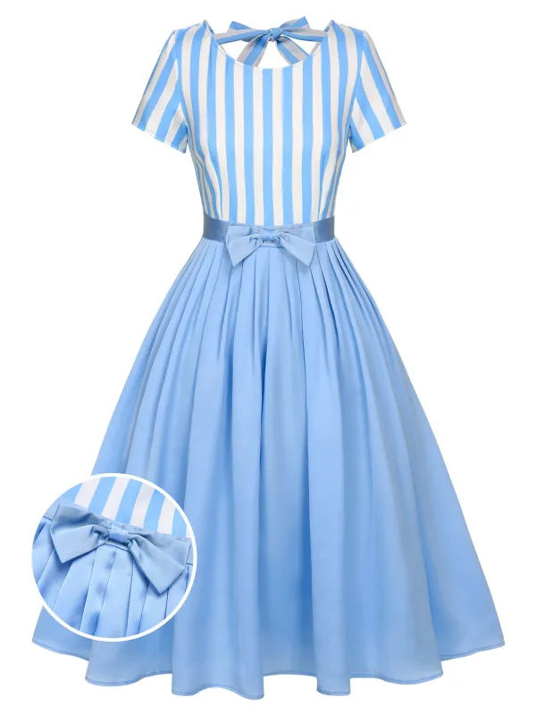 Blue 1940s Boat Neck Stripes Bow Dress sold by Retro Stage