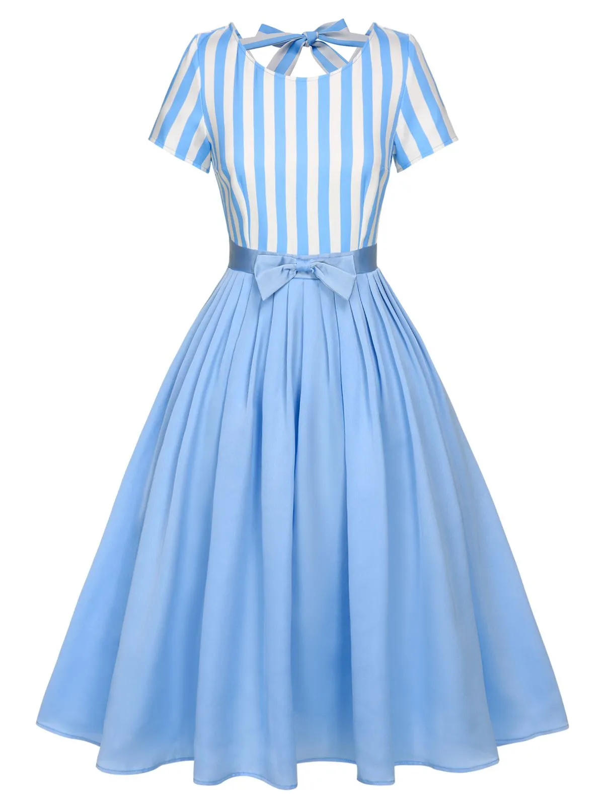 Blue 1940s Boat Neck Stripes Bow Dress sold by Retro Stage product image thumbnail 2