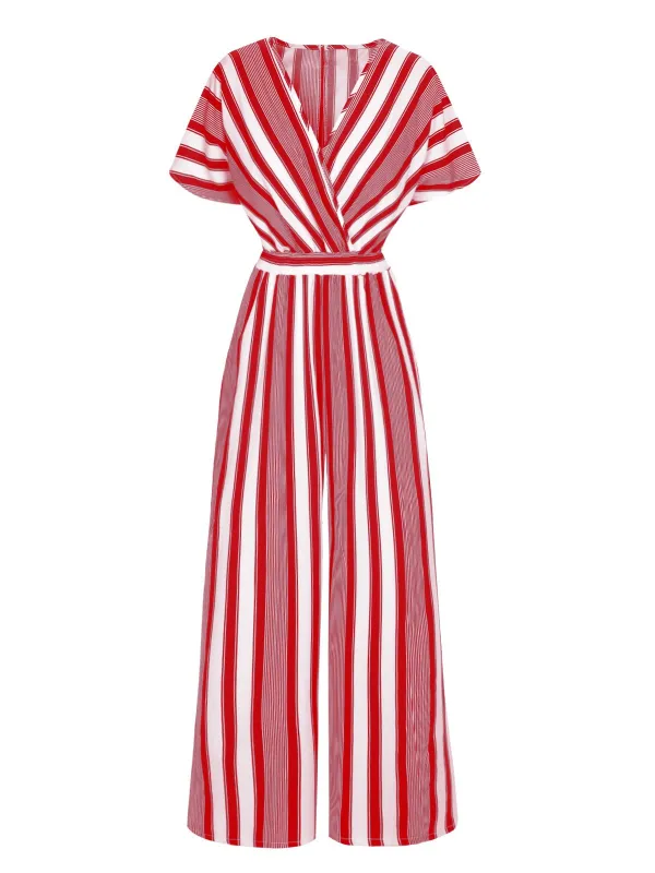 1970s V-Neck Contrast Stripes Jumpsuit sold by Retro Stage