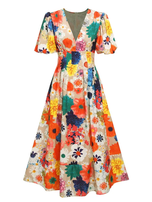 1940s Floral V-Neck Lantern Sleeve Dress sold by Retro Stage