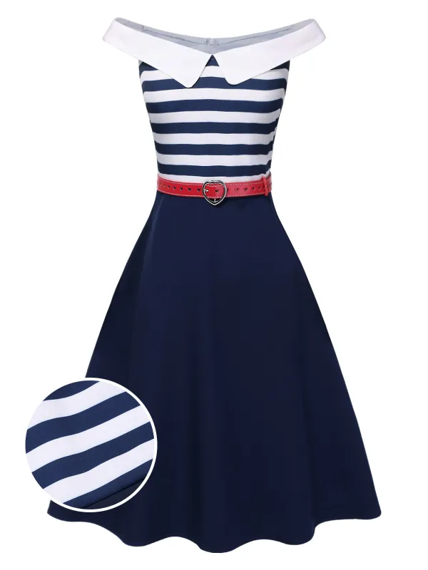 Dark Blue 1950s Striped Off-Shoulder Dress sold by Retro Stage