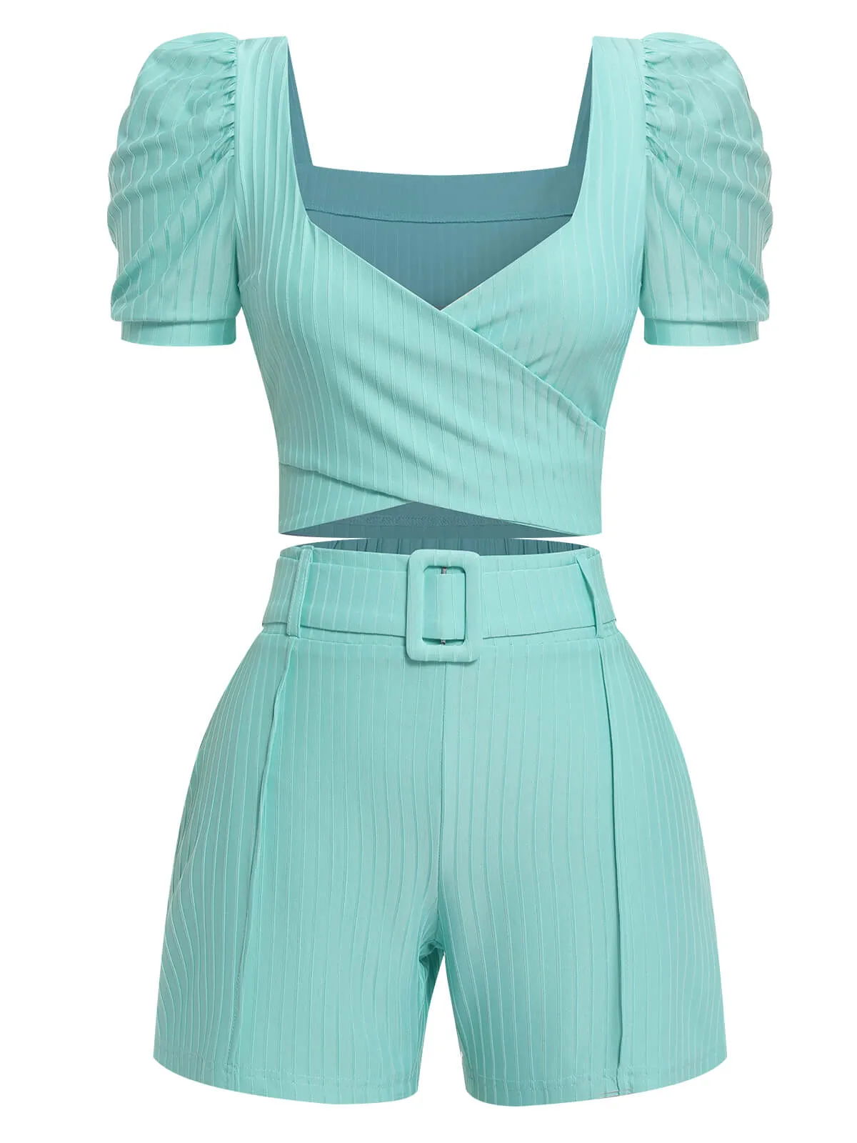 2PCS 1950s Solid Puff Sleeved Top & Shorts With Belt sold by Retro Stage product image thumbnail 2