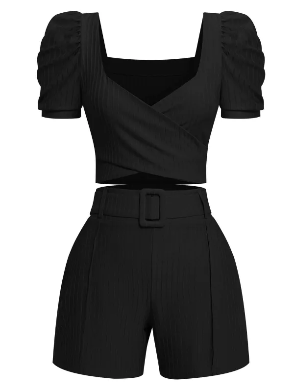 2PCS 1950s Solid Puff Sleeved Top & Shorts With Belt sold by Retro Stage