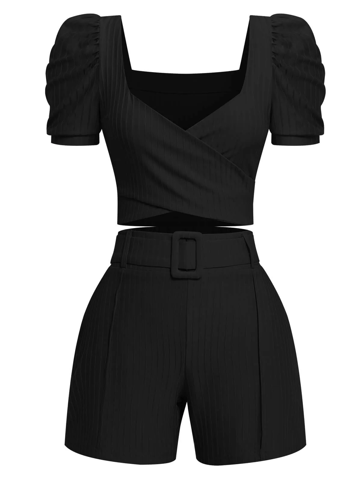 2PCS 1950s Solid Puff Sleeved Top & Shorts With Belt sold by Retro Stage