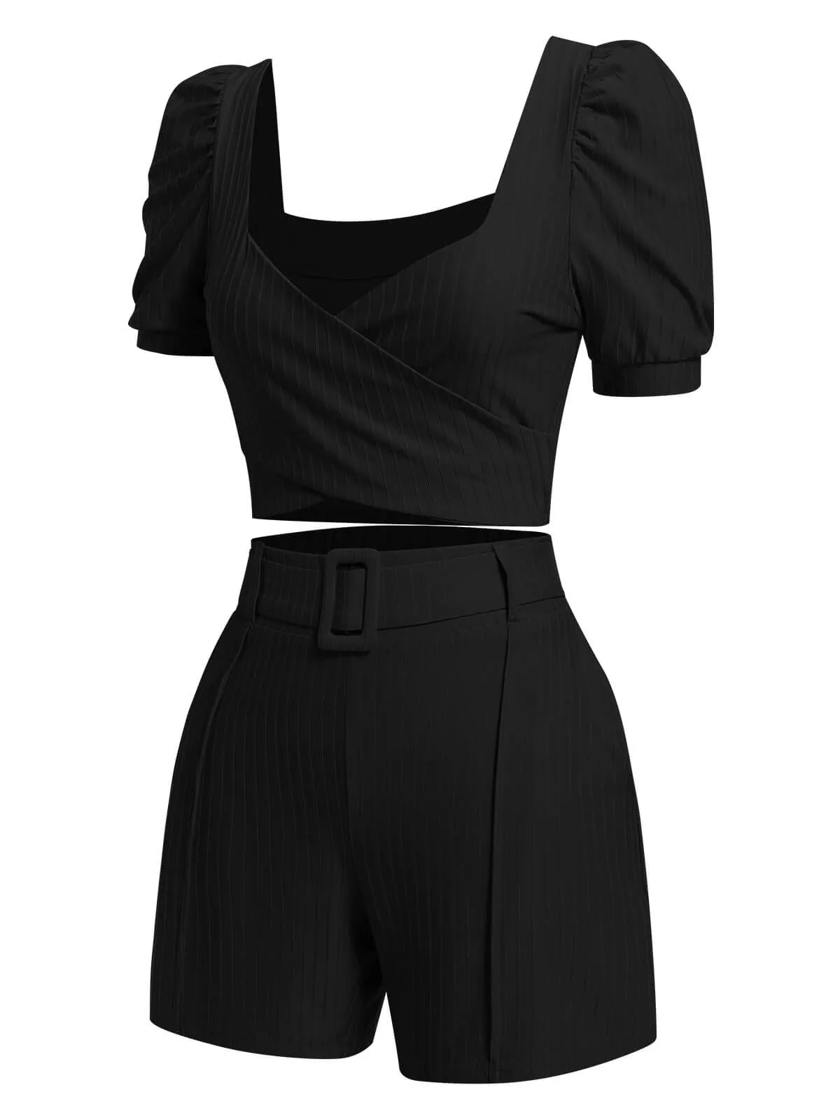 2PCS 1950s Solid Puff Sleeved Top & Shorts With Belt sold by Retro Stage product image thumbnail 3